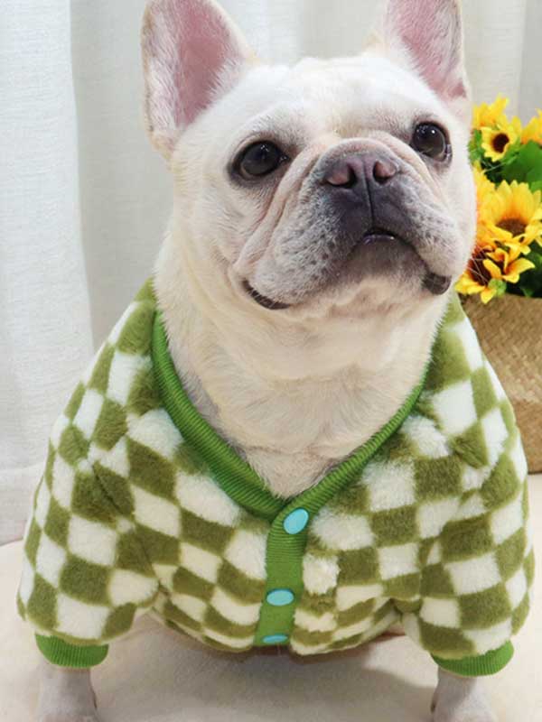 GMTPET Green and white checkerboard fat dog bulldog pug dog French fighting winter clothes plus velvet thick cardigan plush sweater 107-222039 petgoodsfactory.com